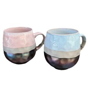 Set Of Two Roscher Large Stoneware Mugs Pink Blue & Iridescent Color Natura
